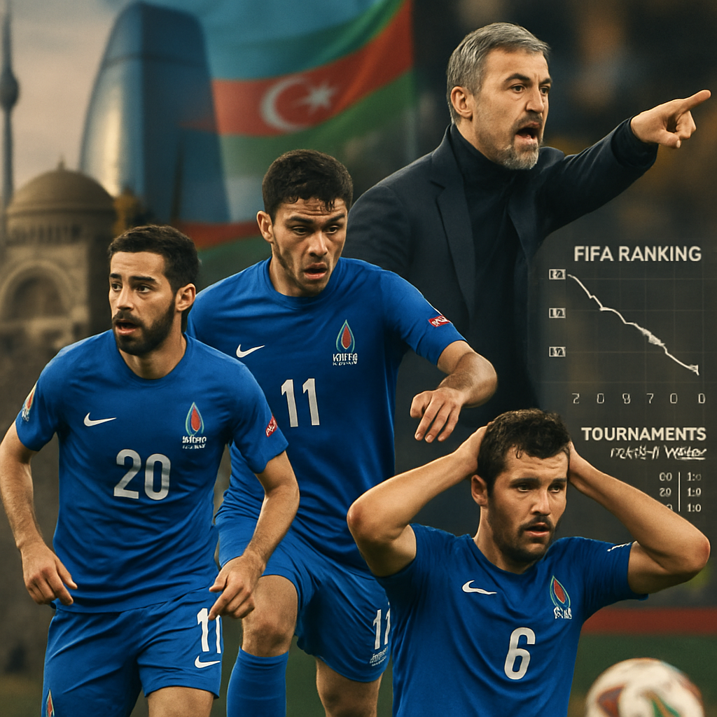 Visualize a timeline graphic with images of the Azerbaijani national football team members, match