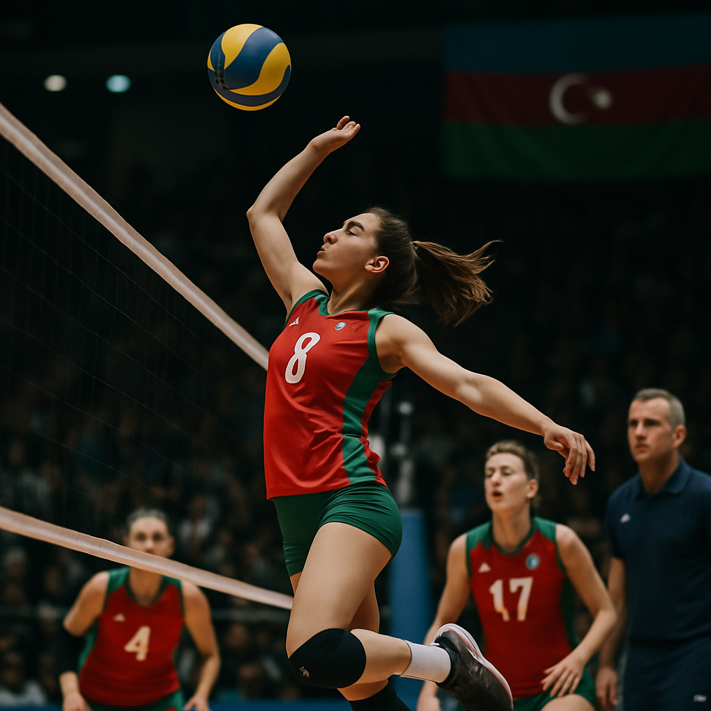 An Azerbaijani women’s volleyball player spikes the ball as her teammates prepare behind her