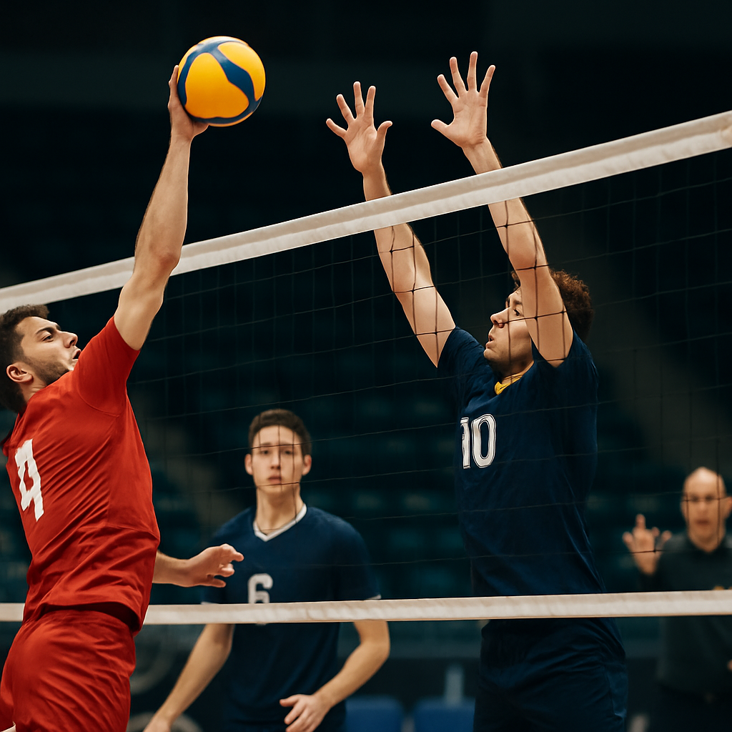 Players from rival men’s volleyball clubs compete at the net as a coach guides