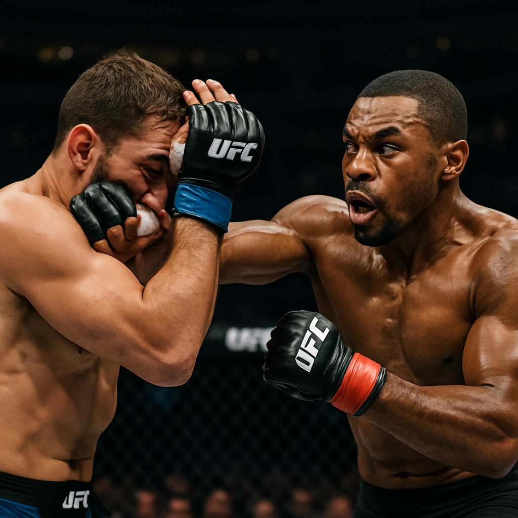 A fighter delivering a decisive blow, penetrating another fighters defense during a UFC match.