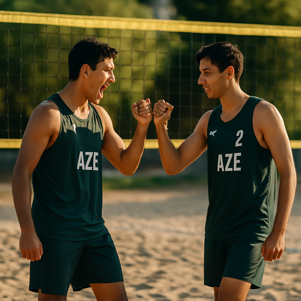 Young Azerbaijani beach volleyball players Heydar Mammadli and Nariman Bayramli celebrate their victory on