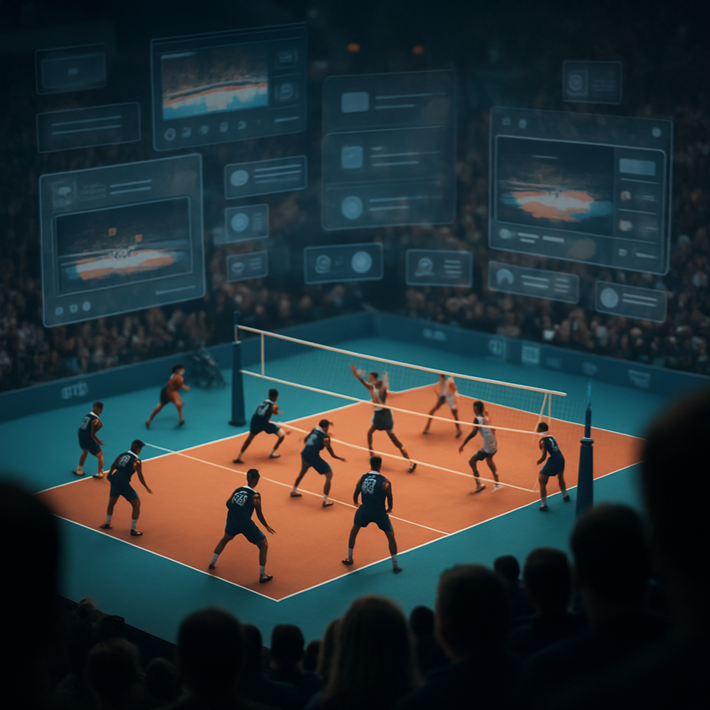 A volleyball match in an arena, framed by subtle digital broadcast screens and audience