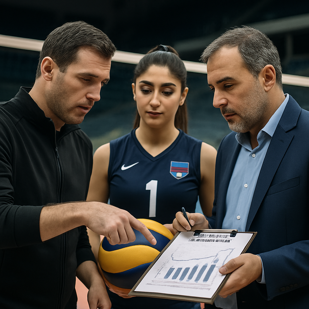 A coach and volleyball administrator discuss a season plan with a young player beside