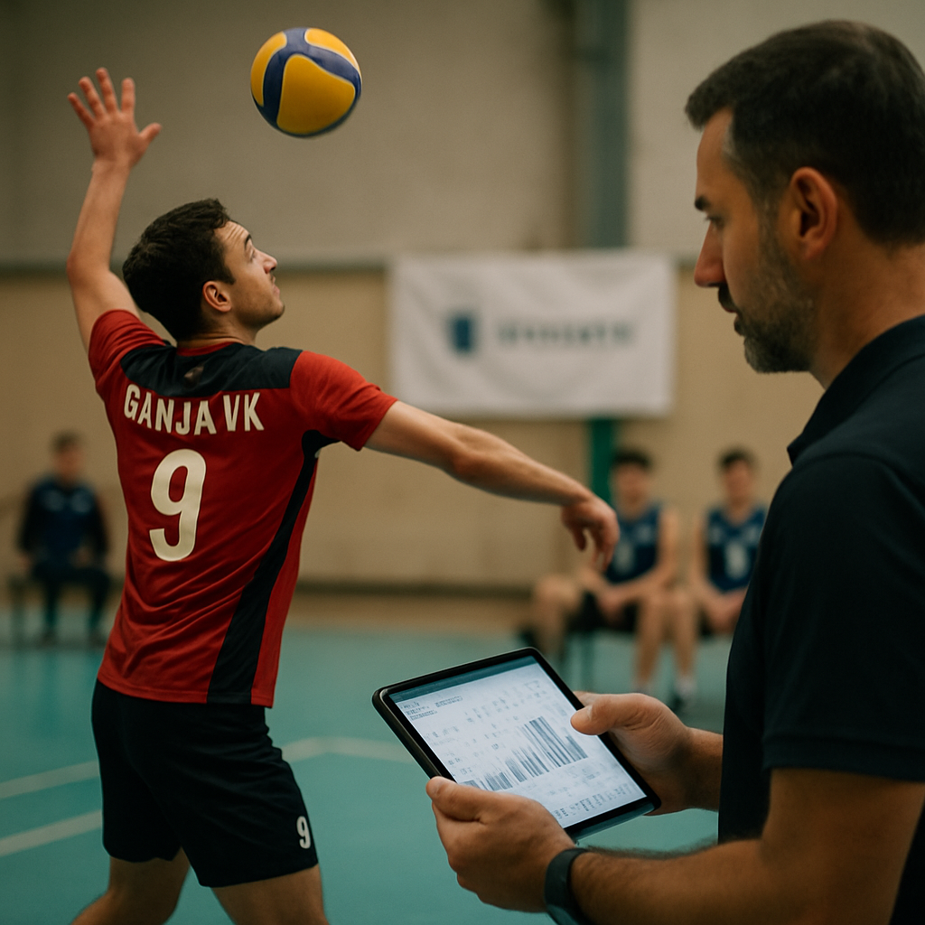 A Ganja VK volleyball player serves as a coach checks statistics and regional-club players