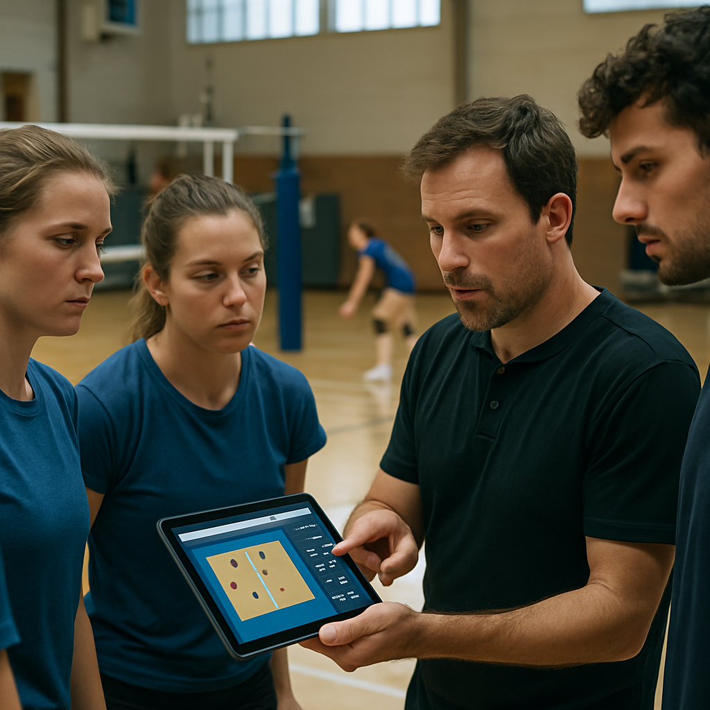 A local volleyball team reviews tactics on a tablet while teammates practice a coordinated