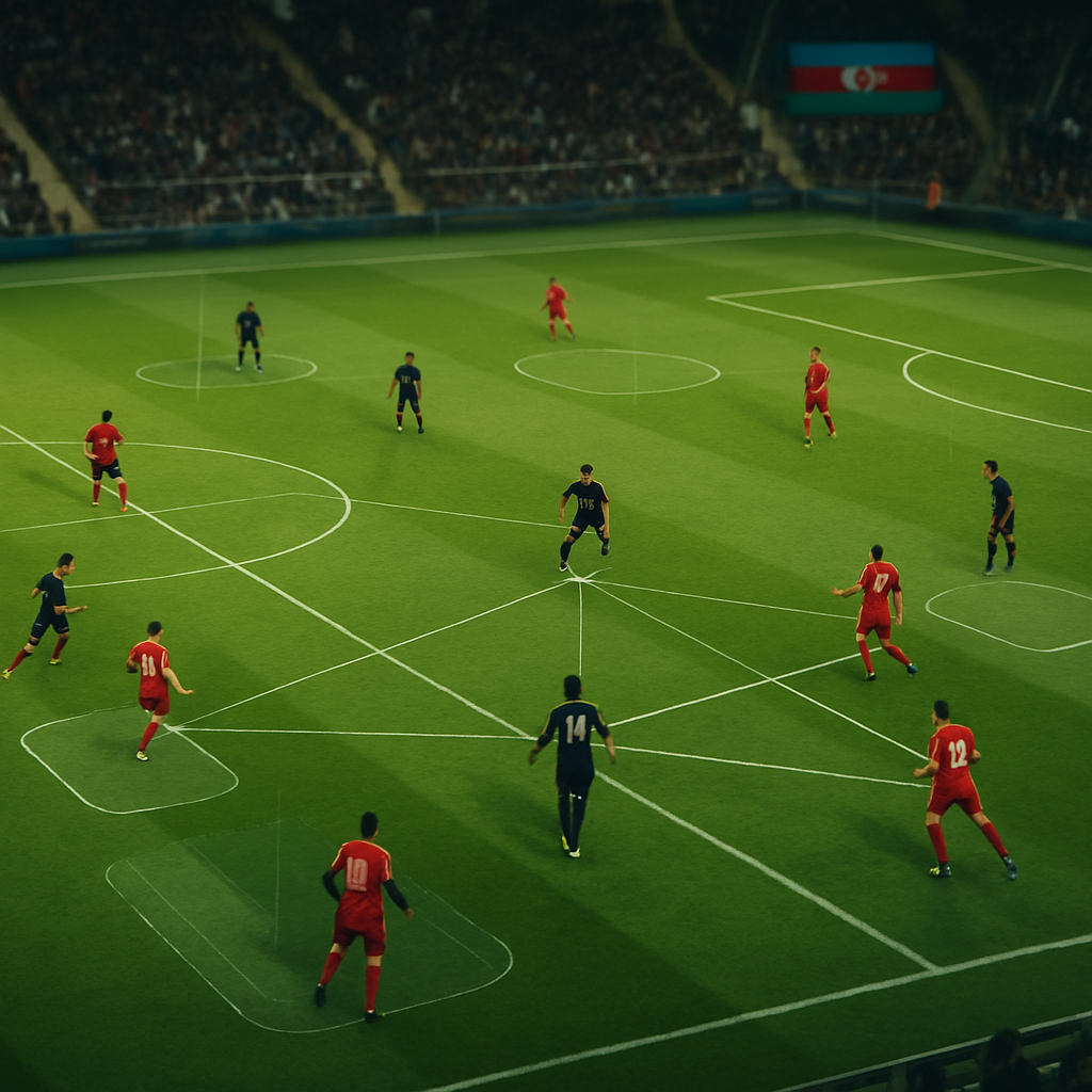 A football match in Azerbaijan viewed from above, with subtle overlays showing player positions