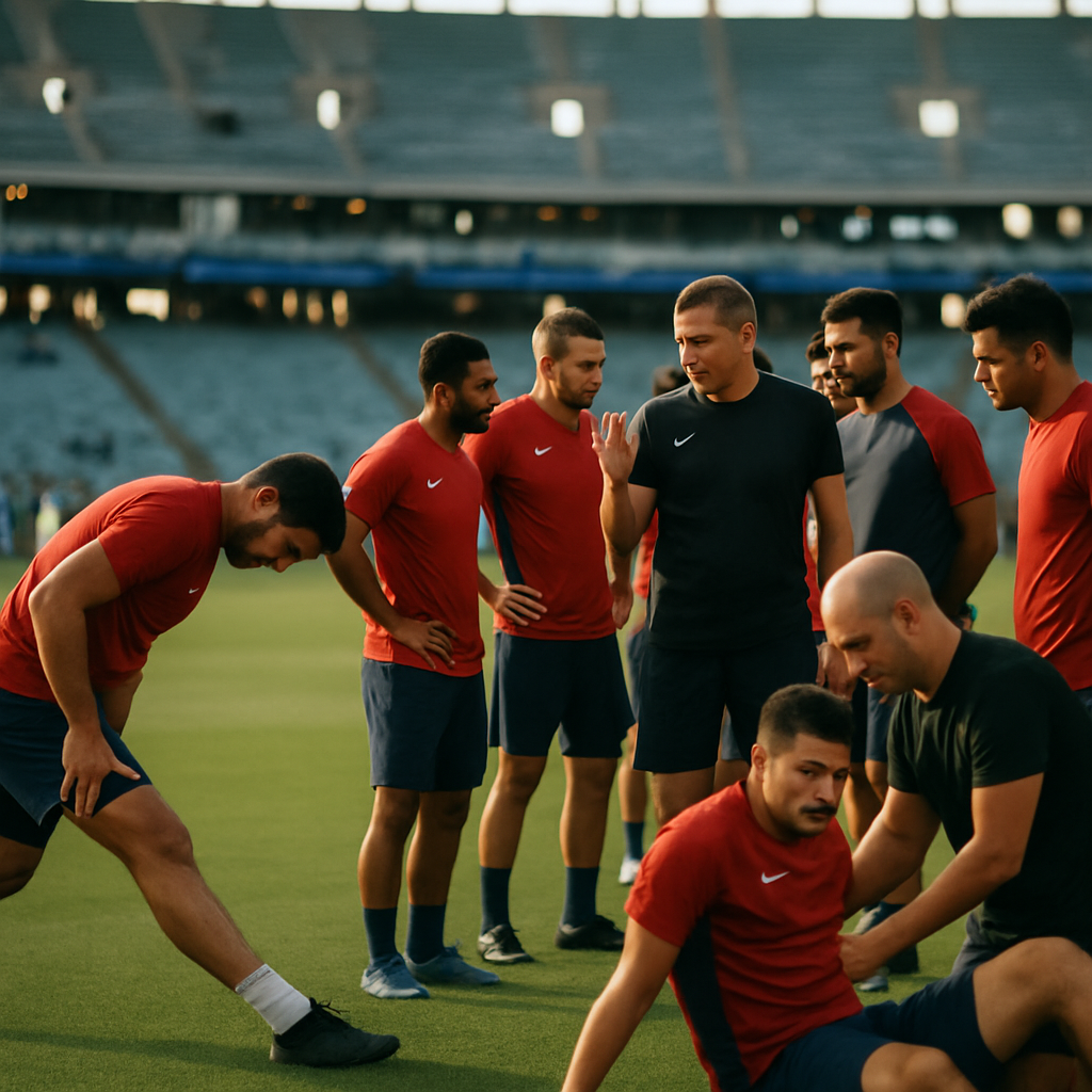 An Azerbaijani club squad regroups during training as a coach and physiotherapist attend to