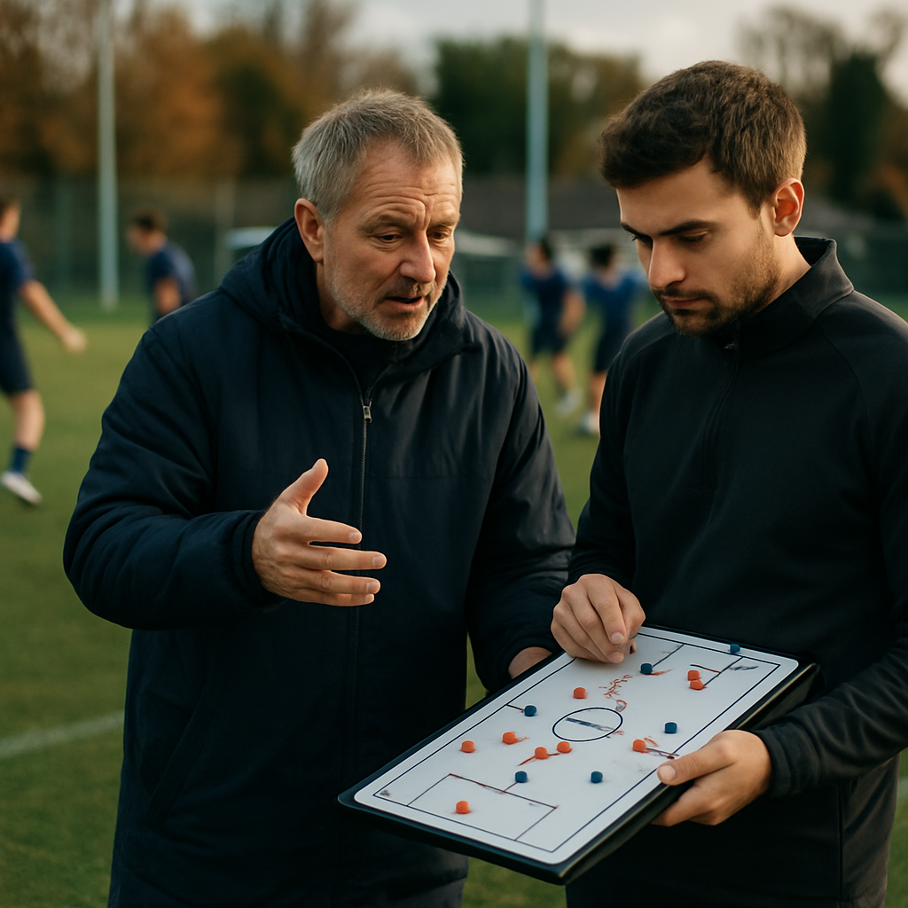 An experienced coach mentors a younger coach as players practise an adapted drill on