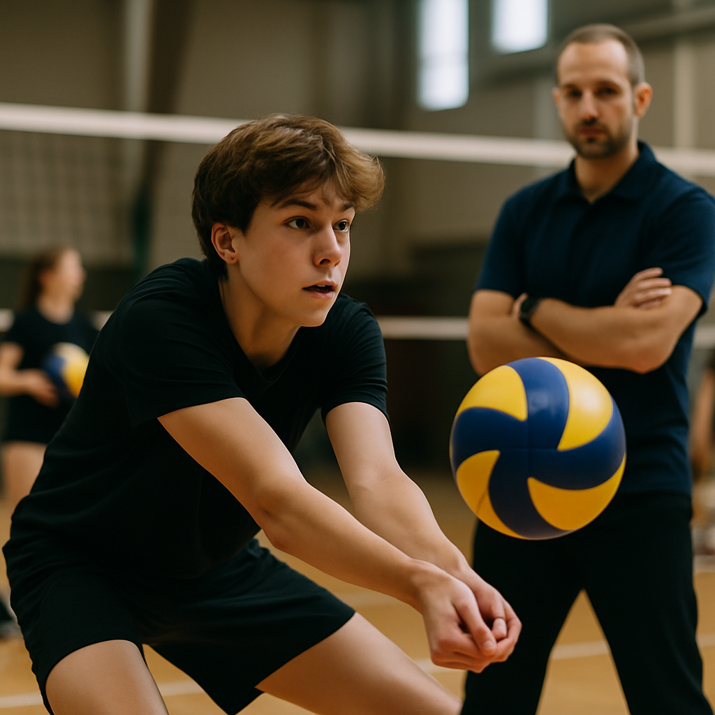 A teenage volleyball player practices a receive at an academy while a coach watches.